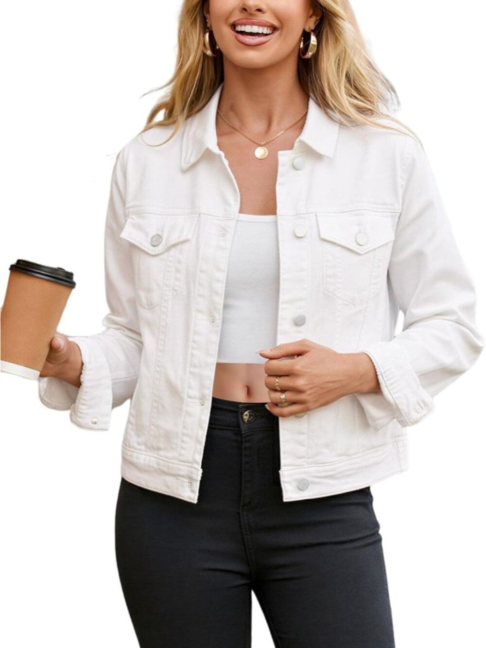 Women's White Basic Trendy Long Sleeve Denim Jackets Button Down With Pockets